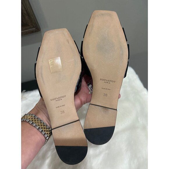 Saint Laurent Tribute Mule Patent Leather Slide Sandals Black Womens Size 36 6 - Picture 9 of 10